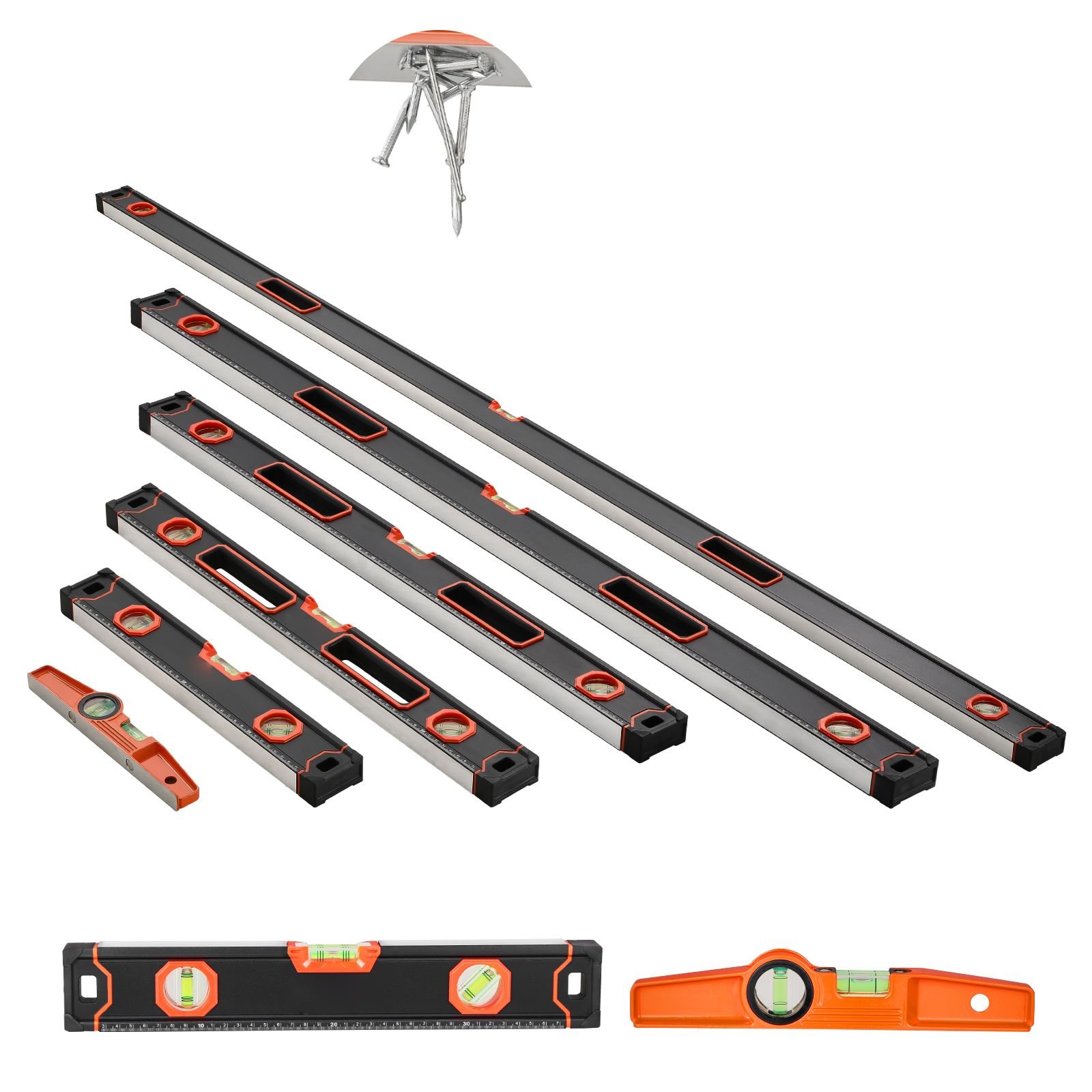 6 piece torpedo level, 78/48/32/24/16/10 inch all magnetic levels set, bubble vials ruler for 45/90/180 degree, aluminum alloy magnetic box leveler tool, shock resistance, sae and metric scale