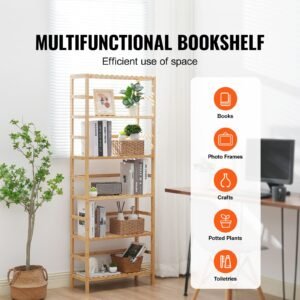 6 tier bamboo shelf, open wood bookshelf, display storage rack organizer, freestanding flower plant stand, multifunctional bamboo bookshelf ideal for bathroom, bedroom, office, study, natural