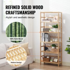 6 tier bamboo shelf, open wood bookshelf, display storage rack organizer, freestanding flower plant stand, multifunctional bamboo bookshelf ideal for bathroom, bedroom, office, study, natural