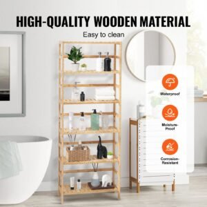 6 tier bamboo shelf, open wood bookshelf, display storage rack organizer, freestanding flower plant stand, multifunctional bamboo bookshelf ideal for bathroom, bedroom, office, study, natural