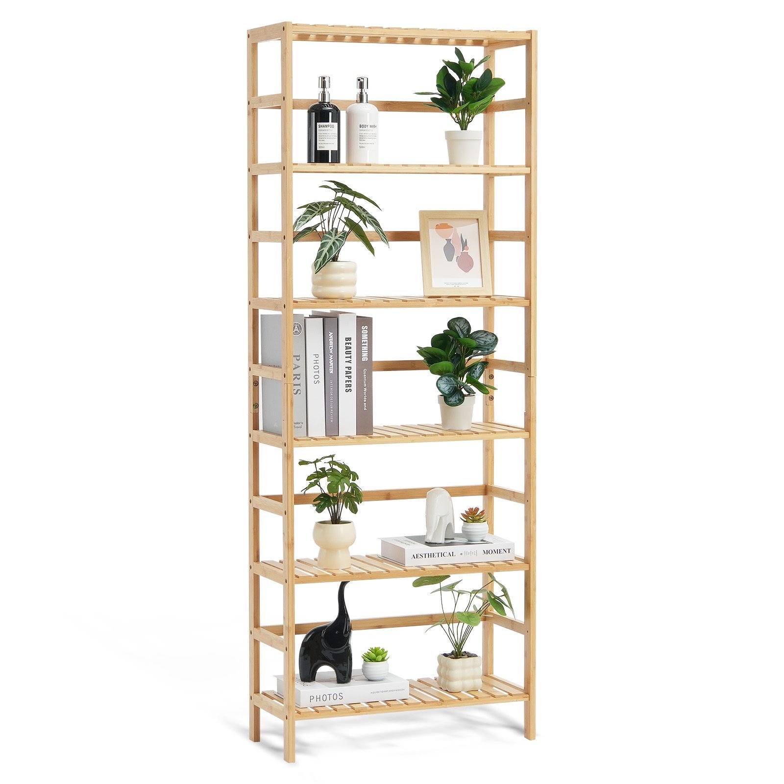 6 tier bamboo shelf, open wood bookshelf, display storage rack organizer, freestanding flower plant stand, multifunctional bamboo bookshelf ideal for bathroom, bedroom, office, study, natural