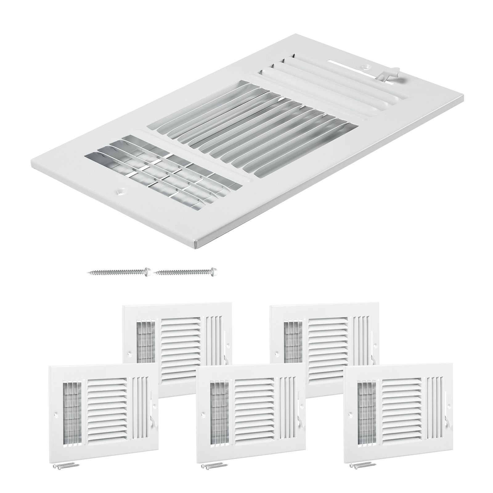 6 x 10 inch floor registers, 6 pack floor vents, hvac 3 direction iron vent grilles for home/office wall & ceiling, rustproof anti peeling air vents deflector adjustable with metal damper, white