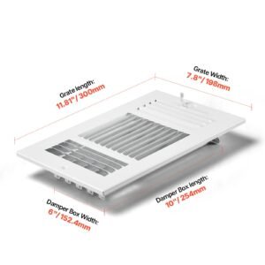 6 x 10 inch floor registers, 6 pack floor vents, hvac 3 direction iron vent grilles for home/office wall & ceiling, rustproof anti peeling air vents deflector adjustable with metal damper, white
