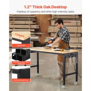60 inch adjustable workbench, 2000 lbs load, work bench with power outlet, wheels, and pegboard, heavy duty oak wood top work table for garage, workshop, office, and home