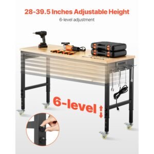 60-Inch Adjustable Workbench, 2000 lbs Load, Work Bench with Power Outlet, Wheels, and Pegboard, Heavy Duty Oak Wood Top Work Table for Garage, Workshop, Office, and Home