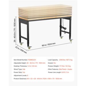 60 inch adjustable workbench, 2000 lbs load, work bench with power outlet, wheels, and pegboard, heavy duty oak wood top work table for garage, workshop, office, and home