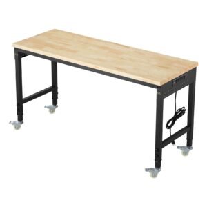 60 inch adjustable workbench, 2000 lbs load, work bench with power outlet, wheels, and pegboard, heavy duty oak wood top work table for garage, workshop, office, and home
