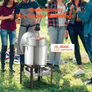 60 qt seafood boiling kit with strainer, outdoor seafood boil pot and basket, cooking set for crab crawfish lobster boiling, aluminum stockpot with 100,000 btus propane burner and steamer rack