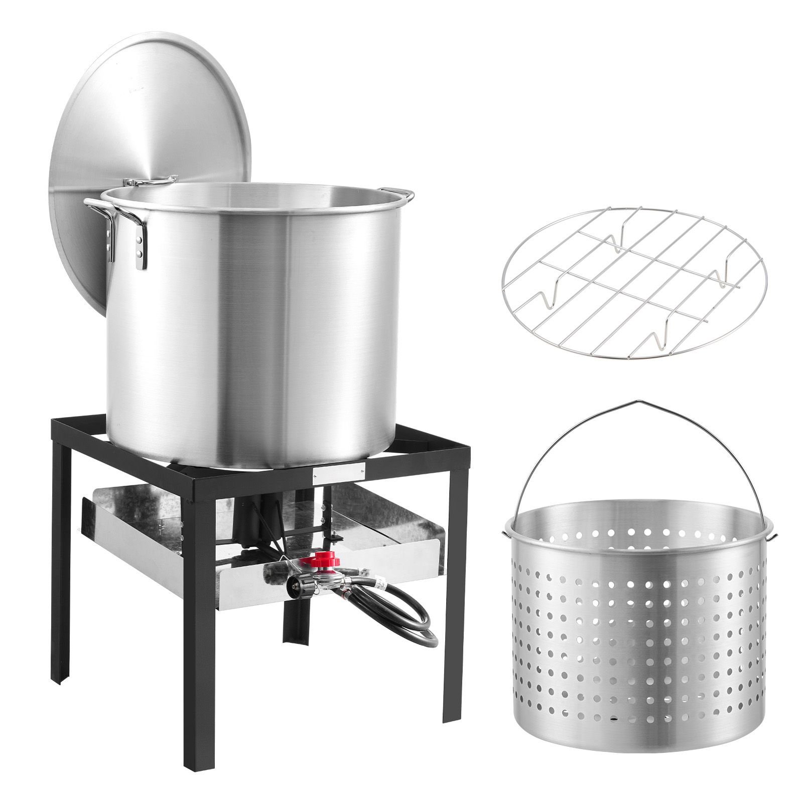 60 qt seafood boiling kit with strainer, outdoor seafood boil pot and basket, cooking set for crab crawfish lobster boiling, aluminum stockpot with 100,000 btus propane burner and steamer rack