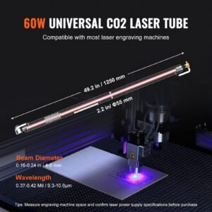 60w co2 laser tube, 49.2 in (1250 mm) length, 2 in (55 mm) dia borosilicate glass laser cutter tube with metal head, 5000 6000hr wires preconnected for laser engraver engraving cutting machine
