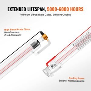 60w co2 laser tube, 49.2 in (1250 mm) length, 2 in (55 mm) dia borosilicate glass laser cutter tube with metal head, 5000 6000hr wires preconnected for laser engraver engraving cutting machine