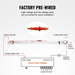 60w co2 laser tube, 49.2 in (1250 mm) length, 2 in (55 mm) dia borosilicate glass laser cutter tube with metal head, 5000 6000hr wires preconnected for laser engraver engraving cutting machine
