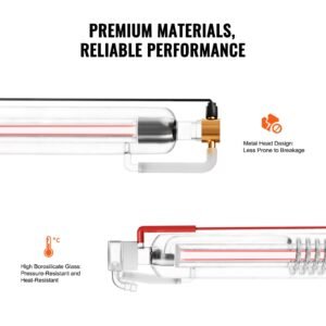 60w co2 laser tube, 49.2 in (1250 mm) length, 2 in (55 mm) dia borosilicate glass laser cutter tube with metal head, 5000 6000hr wires preconnected for laser engraver engraving cutting machine