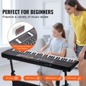 61 key digital keyboard piano, 200 tones 200 rhythms, electric portable piano keyboard kit with 60 demo songs built in dual speakers headphones, piano stickers for beginners learning