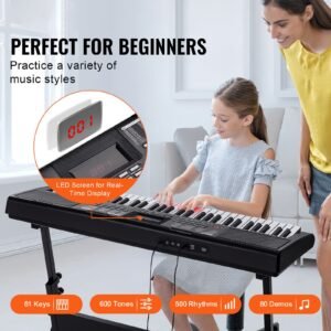 61 key digital keyboard piano, lighted keys, electric portable piano with adjustable stand 600 tones 500 rhythms built in speakers sustain pedal headphones, usb midi for beginners