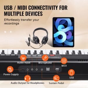 61 key digital keyboard piano, lighted keys, electric portable piano with adjustable stand 600 tones 500 rhythms built in speakers sustain pedal headphones, usb midi for beginners