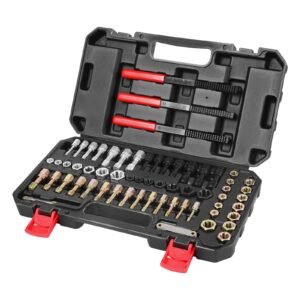 61 piece thread chaser set, unc unf and metric thread restorer tool, rethreading tool kit with 28 taps 28 dies 3 thread files storage case, heat treated steel, for mechanics diy enthusiasts