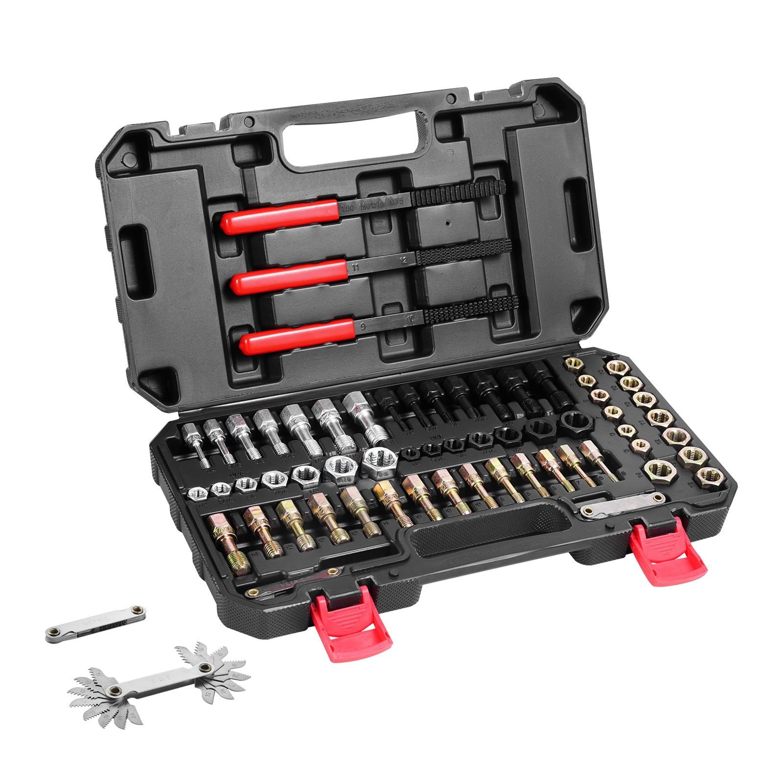 61 piece thread chaser set, unc unf and metric thread restorer tool, rethreading tool kit with 28 taps 28 dies 3 thread files storage case, heat treated steel, for mechanics diy enthusiasts