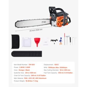 62 cc gas chainsaw, 20 inch gas powered chainsaw, 3.8 hp power chain saw with non slip handle, gas powered chainsaws with dual fuel tanks, for wood cutting, tree trimming, and land clearing