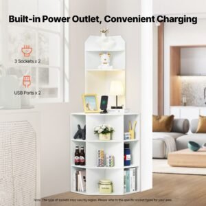 64" tall corner storage cabinet, 6 tiers wooden storage cabinet with usb ports and outlets & adjustable shelves, freestanding corner cabinet for living room, kitchen, laundry room, white