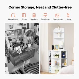 64" tall corner storage cabinet, 6 tiers wooden storage cabinet with usb ports and outlets & adjustable shelves, freestanding corner cabinet for living room, kitchen, laundry room, white