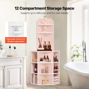 64" tall corner storage cabinet, 6 tiers wooden storage cabinet with usb ports and outlets & adjustable shelves, freestanding corner cabinet for living room, kitchen, laundry room, white