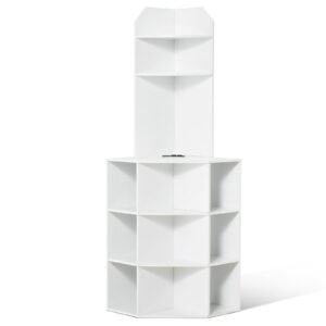 64" Tall Corner Storage Cabinet, 6 Tiers Wooden Storage Cabinet with USB Ports and Outlets & Adjustable Shelves, Freestanding Corner Cabinet for Living Room, Kitchen, Laundry Room, White