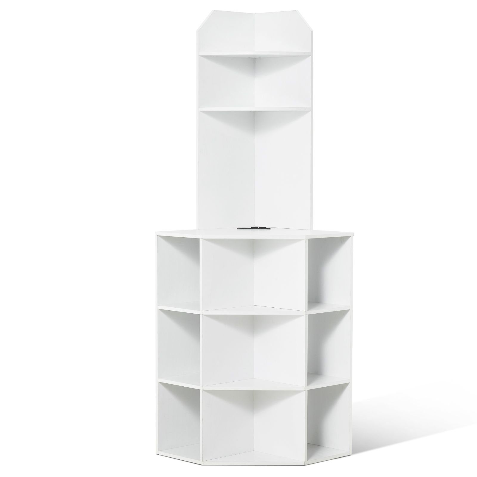 64" tall corner storage cabinet, 6 tiers wooden storage cabinet with usb ports and outlets & adjustable shelves, freestanding corner cabinet for living room, kitchen, laundry room, white