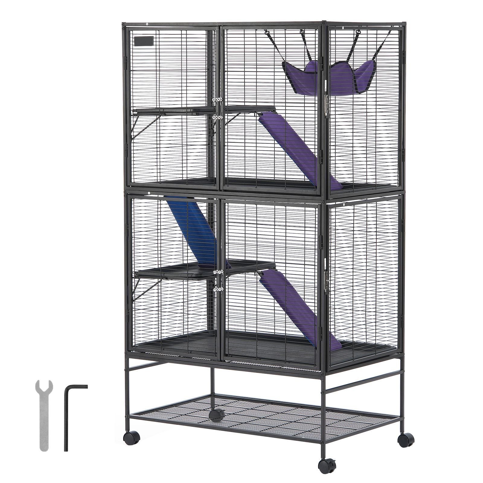 64.6" rolling metal ferret cage, large 4 tier cage, small animal cage with ramps & tray, easy to set up for pet rats, hamster, guinea pig, chinchilla, squirrel, hedgehogs, bunny