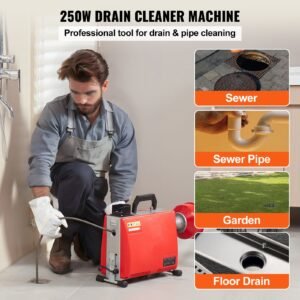 66ft x 5/8 inch drain cleaner machine, 250w electric sewer snake auger manual feed with 7 cutters, 2 steel cables (66' x 5/8" and 15' x 3/8")& cw/ccw control for 1.6" to 4" pipes