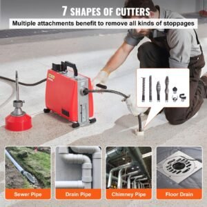 66ft x 5/8 inch drain cleaner machine, 250w electric sewer snake auger manual feed with 7 cutters, 2 steel cables (66' x 5/8" and 15' x 3/8")& cw/ccw control for 1.6" to 4" pipes