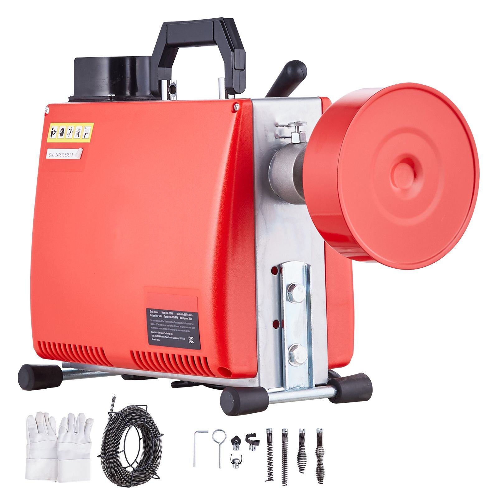 66ft x 5/8 inch drain cleaner machine, 250w electric sewer snake auger manual feed with 7 cutters, 2 steel cables (66' x 5/8" and 15' x 3/8")& cw/ccw control for 1.6" to 4" pipes