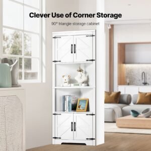 68" tall corner storage cabinet, 6 tiers farmhouse storage cabinet with 4 wooden doors & adjustable shelves, freestanding corner kitchen cabinet for living room, kitchen, laundry room, white