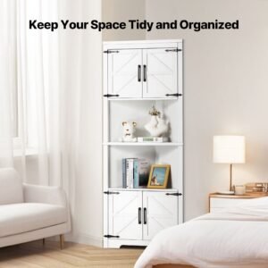 68" tall corner storage cabinet, 6 tiers farmhouse storage cabinet with 4 wooden doors & adjustable shelves, freestanding corner kitchen cabinet for living room, kitchen, laundry room, white
