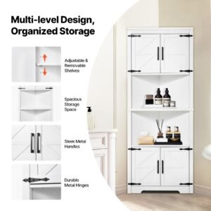 68" tall corner storage cabinet, 6 tiers farmhouse storage cabinet with 4 wooden doors & adjustable shelves, freestanding corner kitchen cabinet for living room, kitchen, laundry room, white