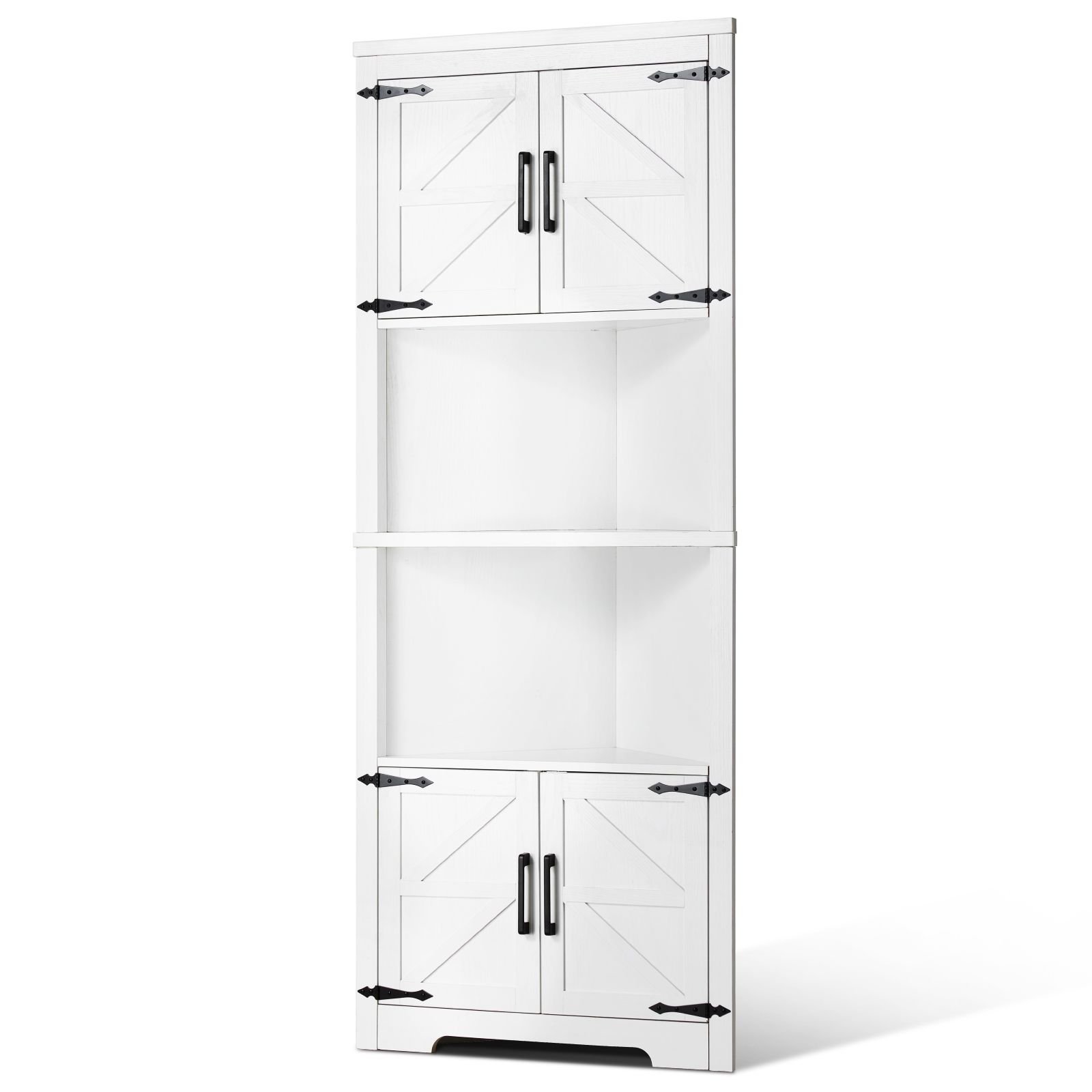 68" tall corner storage cabinet, 6 tiers farmhouse storage cabinet with 4 wooden doors & adjustable shelves, freestanding corner kitchen cabinet for living room, kitchen, laundry room, white