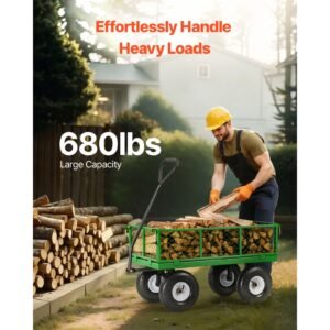 680 lbs steel garden cart on wheels, heavy duty garden wagon cart pullable, metal outdoor utility yard wagon carts with 10" tires, mesh removable sides and 180°rotating handle