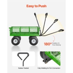 680 lbs steel garden cart on wheels, heavy duty garden wagon cart pullable, metal outdoor utility yard wagon carts with 10" tires, mesh removable sides and 180°rotating handle