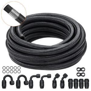 6an fuel line kit, 20 ft fuel hose kit, 0.34" nylon stainless steel braided fuel line oil/gas/diesel hose end fitting kit, with 12 pcs swivel fitting adapter kit, black