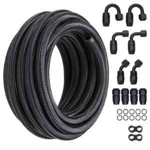 6AN Fuel Line Kit, 20 FT Fuel Hose Kit, 0.34" Nylon Stainless Steel Braided Fuel Line Oil/Gas/Diesel Hose End Fitting Kit, with 12 PCS Swivel Fitting Adapter Kit, Black