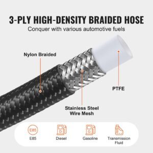 6an fuel line kit, 25 ft fuel hose kit, 5/16" nylon stainless steel braided ptfe fuel line kit, e85/oil/gas/diesel hose end fitting kit, with 15 pcs swivel fitting adapter kit, black
