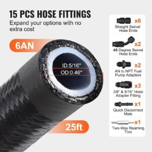 6an fuel line kit, 25 ft fuel hose kit, 5/16" nylon stainless steel braided ptfe fuel line kit, e85/oil/gas/diesel hose end fitting kit, with 15 pcs swivel fitting adapter kit, black
