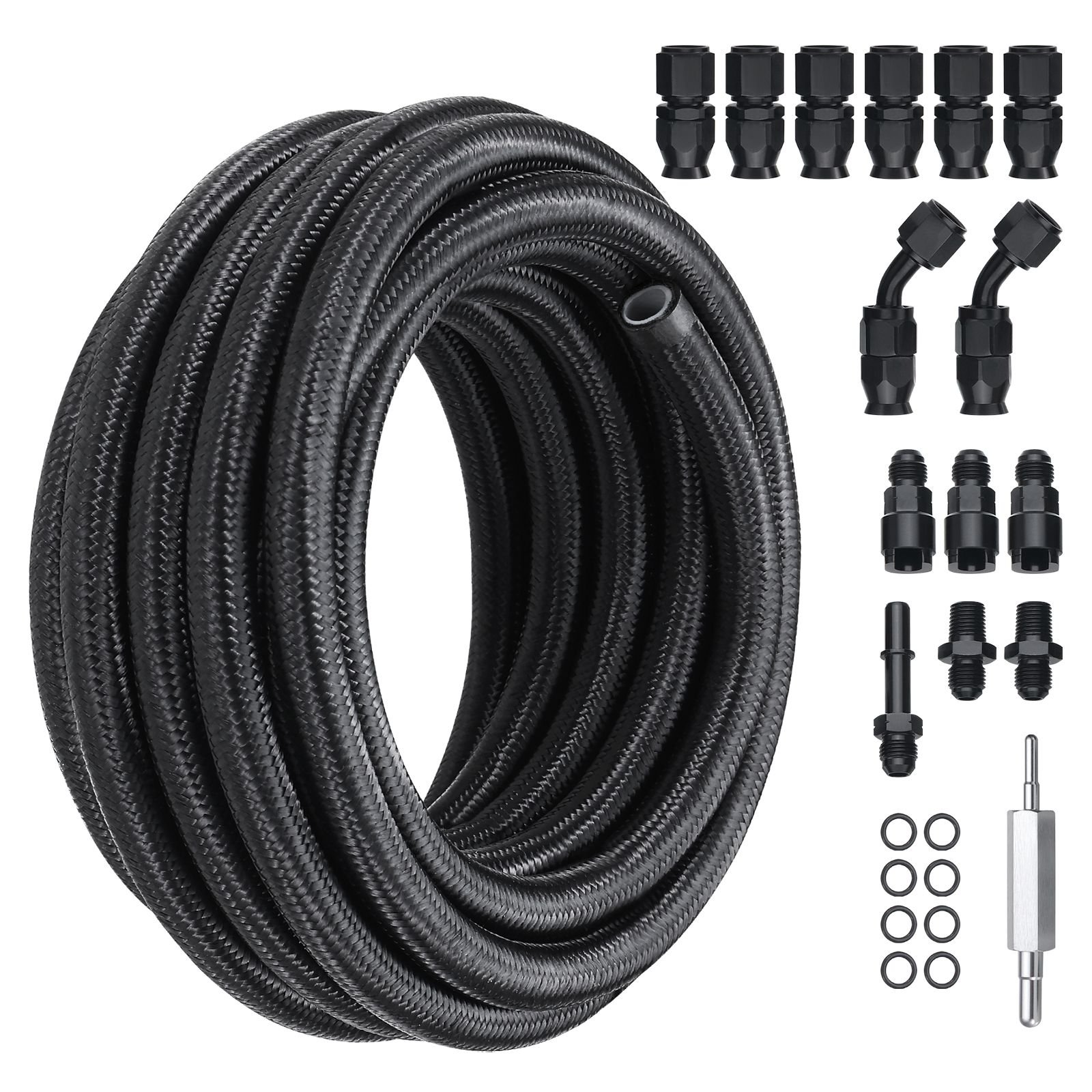 6an fuel line kit, 25 ft fuel hose kit, 5/16" nylon stainless steel braided ptfe fuel line kit, e85/oil/gas/diesel hose end fitting kit, with 15 pcs swivel fitting adapter kit, black