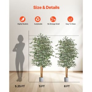 6ft artificial ficus tree with black pot, tall faux ficus plant with natural wood trunk and realistic green leaves, indoor fake silk tree for home, office, living room, or corner décor