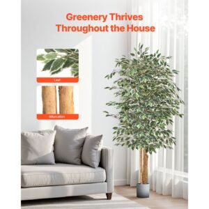 6ft artificial ficus tree with black pot, tall faux ficus plant with natural wood trunk and realistic green leaves, indoor fake silk tree for home, office, living room, or corner décor