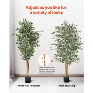 6ft artificial ficus tree with black pot, tall faux ficus plant with natural wood trunk and realistic green leaves, indoor fake silk tree for home, office, living room, or corner décor
