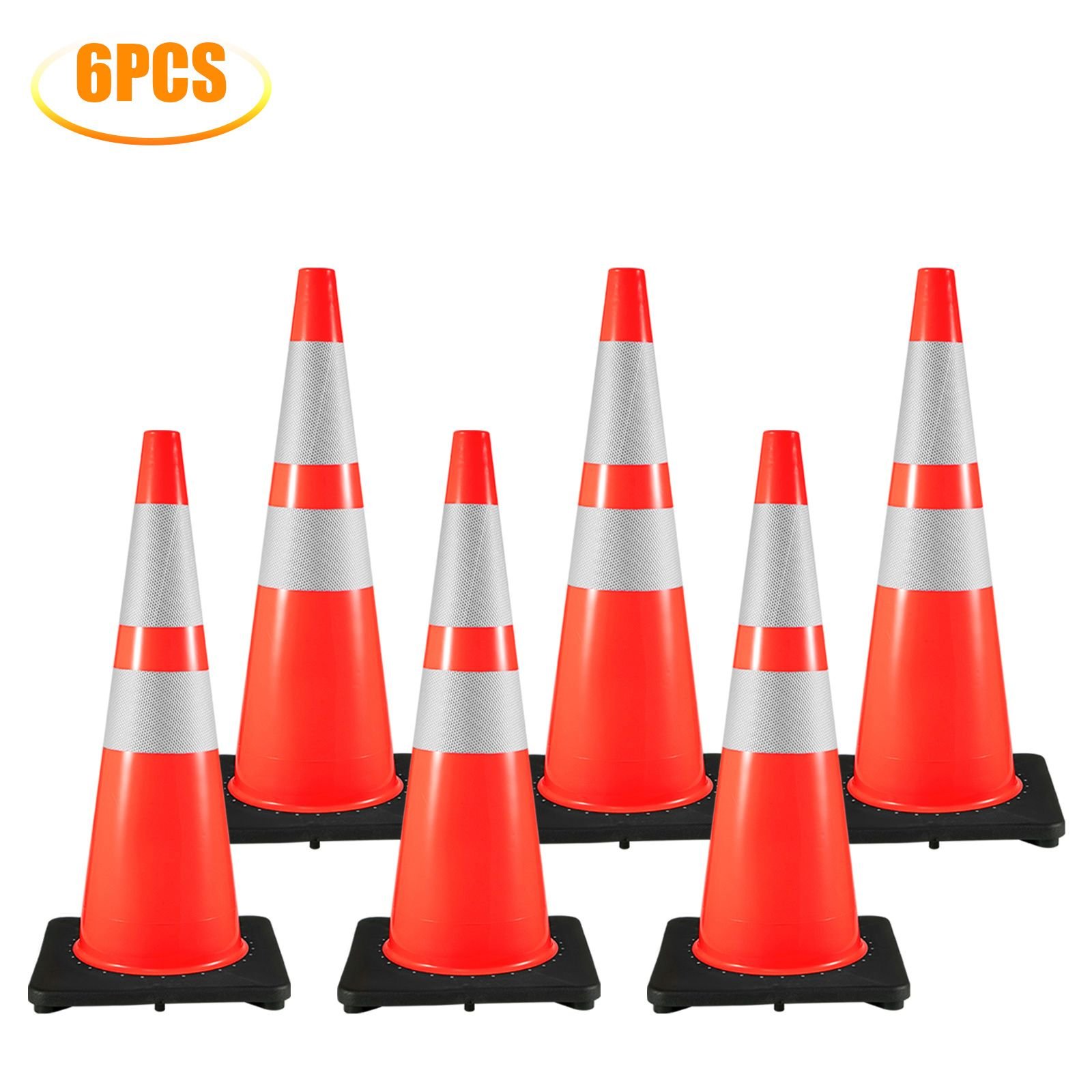 6pack 36" traffic cones, safety road parking cone with black weighted base, pvc orange traffic safety cones, hazard cones reflective collars for construction traffic parking