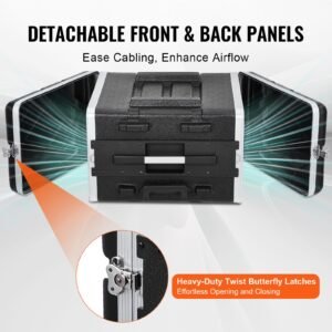 6u rack case, standard 19 in depth, server rack cabinet with abs construction wheels heavy duty twist butterfly latches, detachable front & back panels, for amps, mixers, microphone receivers