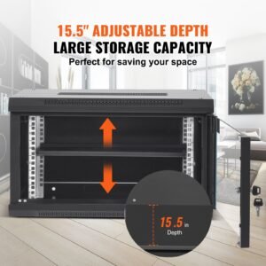 6u wall mount network server cabinet, 15.5'' deep, server rack cabinet enclosure, 200 lbs max. ground mounted load capacity, with locking glass door side panels, for it equipment, a/v devices