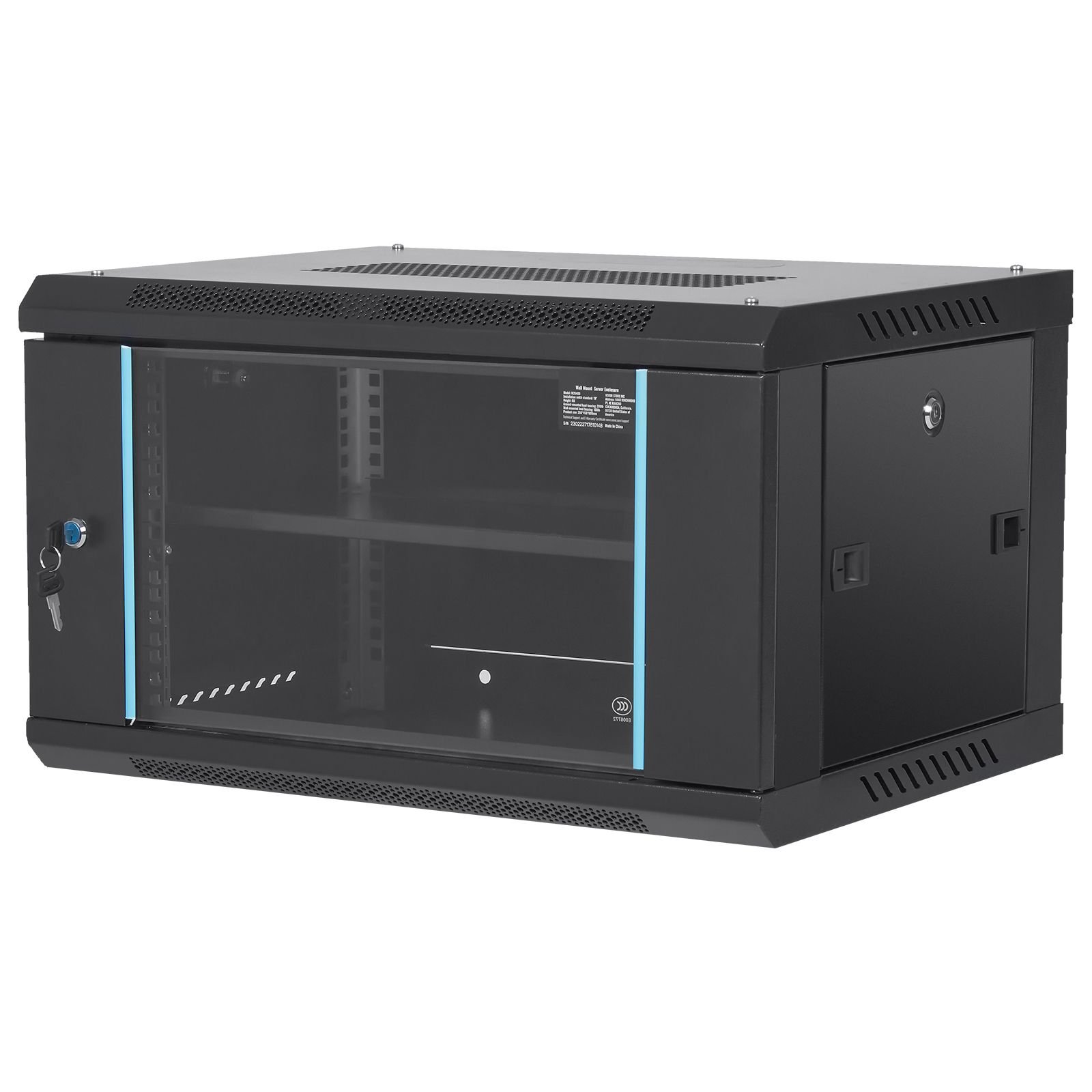 6u wall mount network server cabinet, 15.5'' deep, server rack cabinet enclosure, 200 lbs max. ground mounted load capacity, with locking glass door side panels, for it equipment, a/v devices